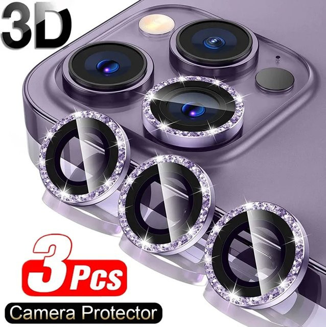 Glitzernder Kamera-Objektivschutz aus Metall und Glas für iPhone 15 14 13 12 11 Pro Max Plus in Silber und Multicolour - Bild 1