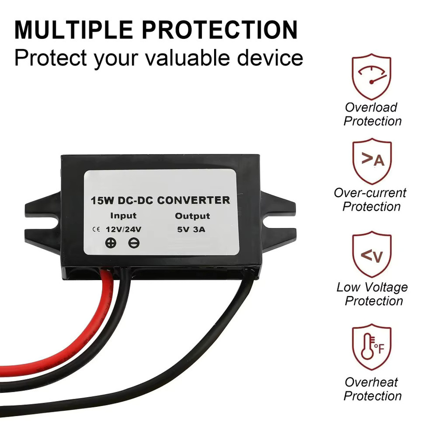 Waohei DC-DC Konverter Buck Modul von 12V/24V auf 5V mit USB-A und USB-C Buchse, schwarz, wasserdicht und staubdicht - Bild 3