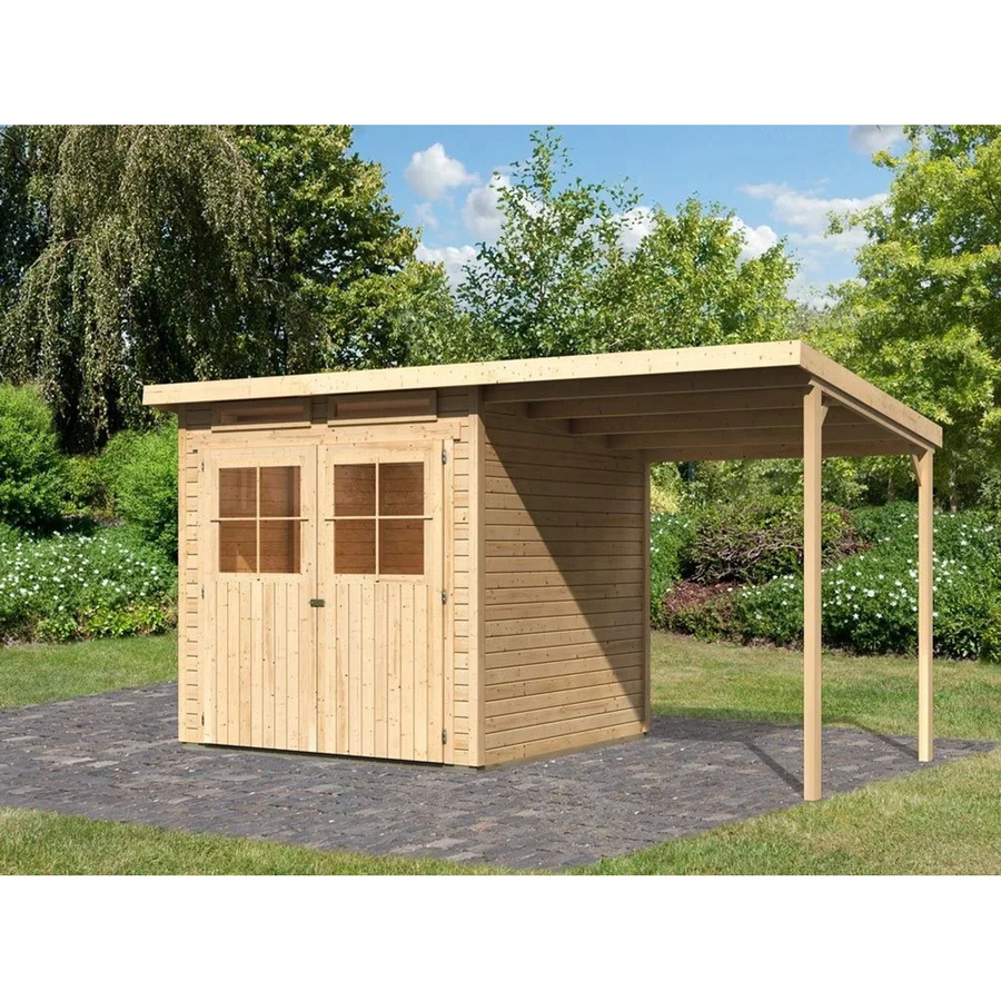 Karibu Gartenhaus Glücksberg mit Anbaudach in Natur, Wandstärke 19 mm, B/T/H: 415 x 236 x 220 cm - Bild 2