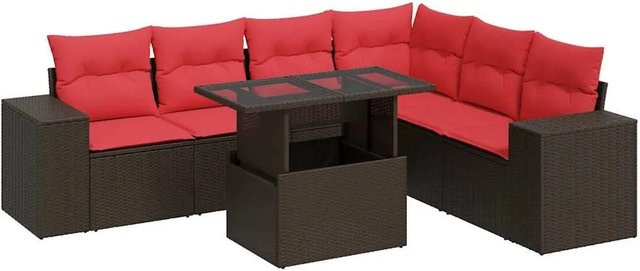 vidaXL 7-teilige Garten-Sofagarnitur in L-Form aus braunem Poly-Rattan mit Kissen und Akazie-Elementen - Bild 1