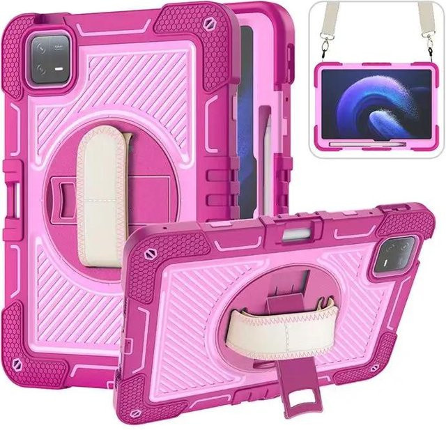 Stoßfeste Armor-Hülle für Xiaomi Pad 7, Pad 6 Pro und Redmi Pad SE in Pink mit 360 Grad Drehung, Ständerfunktion und Schultergurt - Bild 1