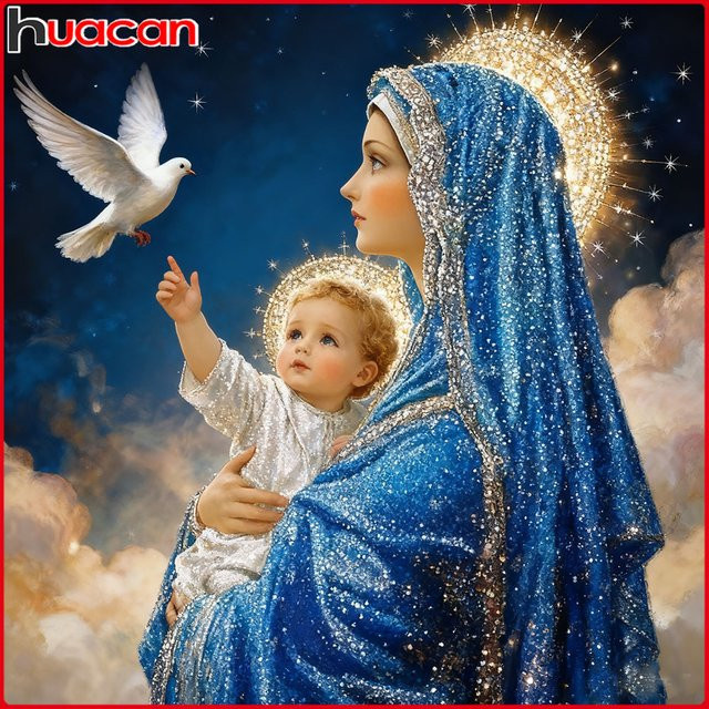 Huacan Diamantmalerei Heilige Mutter Kinder, Diamant-Mosaik Porträt, Religion, Mehrfarbig - Bild 1