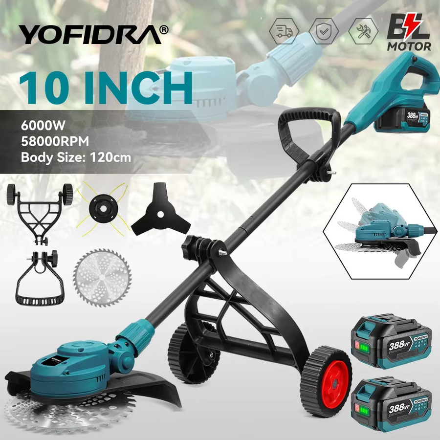 YOFIDRA Bürstenloser elektrischer Rasenmäher 10 Zoll 6000 W mit 58000 RPM, faltbarer Rasentrimmer in Blau, kompatibel mit Makita LXT 18 V Akku - Bild 1