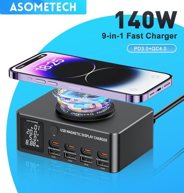 ASOMETECH 140W Multi-USB-C Schnellladestation mit kabellosem Ladegerät, LED-Anzeige, PD und QC3.0, Schwarz - Bild 1