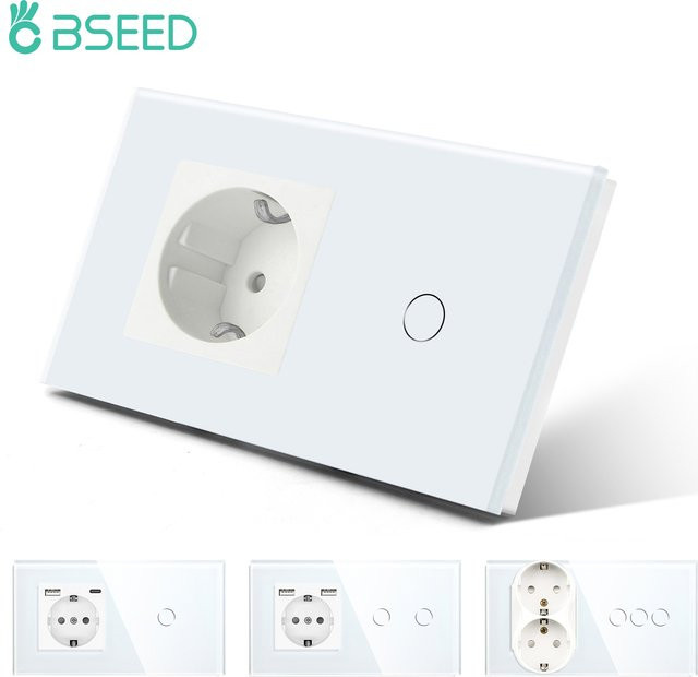 BSEED Wandsteckdose mit Touch-Lichtschalter und USB Typ-C Ladesteckdose, Glasfront, Weiß - Bild 1
