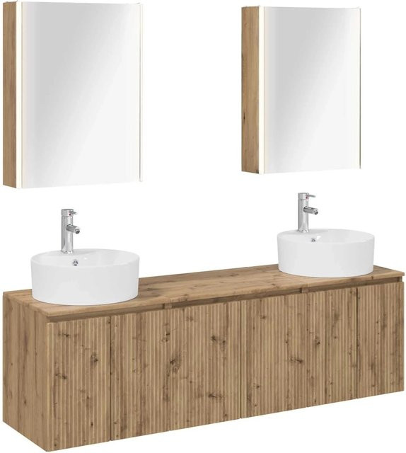 vidaXL Badezimmerschrank-Set 5-teilig in Eiche, modern, mit Waschtischunterschrank, Wandunterschrank und Spiegelschrank mit LED-Beleuchtung, Braun - Bild 1