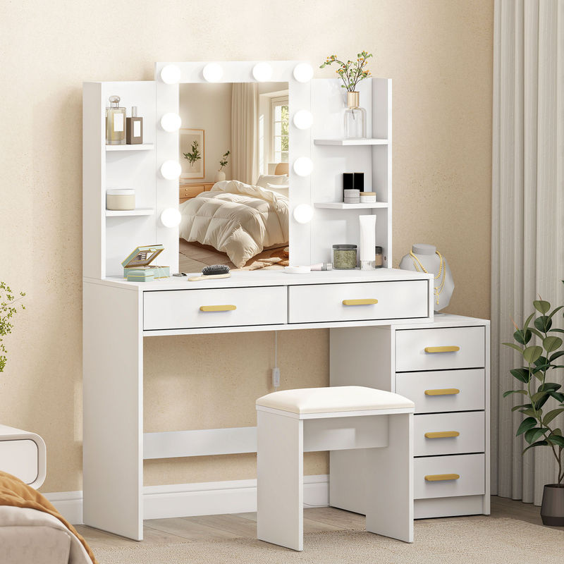 HOMCOM Schminktisch in Weiß mit LED-Beleuchtung, 6 Schubladen und 4 offenen Ablagen inklusive Hocker, moderner Kosmetiktisch für dein Schlafzimmer - Bild 2
