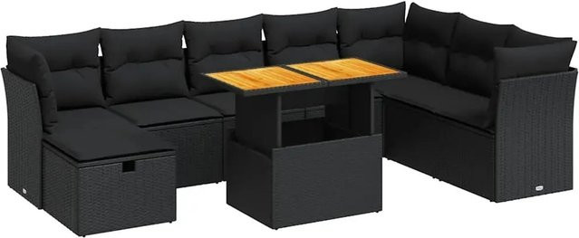 vidaXL 9-teilige Garten-Sofagarnitur aus Poly-Rattan und Akazienholz in Schwarz mit Kissen - Bild 1