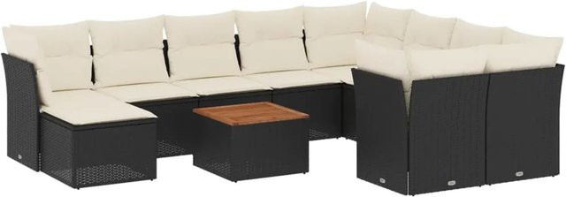 vidaXL 11-tlg Garten-Sofagarnitur L-Form aus Poly-Rattan und Akazienholz mit Kissen in Schwarz und Cremeweiß - Bild 1