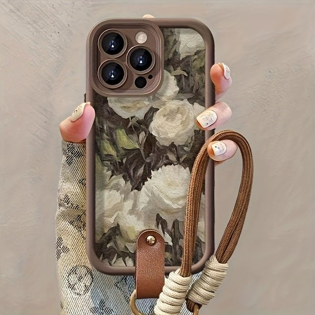 Handyhülle mit weißem Rosen-Ölgemälde-Muster und Handschlaufe für Apple iPhone Modelle, Soft Cover in Weiß und Multicolour - Bild 1