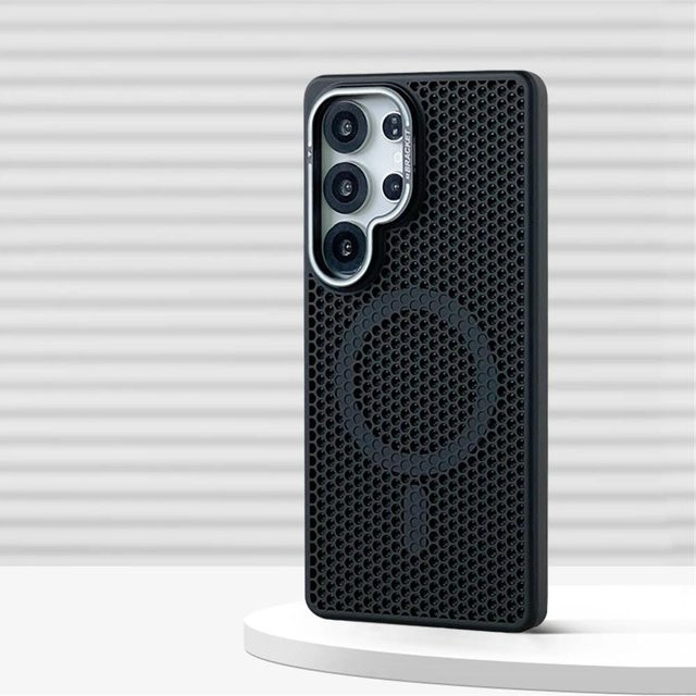 Magnetische Stoßfänger Hülle mit Wabenmuster und Linsenhalterung für Samsung Galaxy S23, S23 Plus, S24 und S2 Ultra in Schwarz, kompatibel mit kabellosem Laden - Bild 1