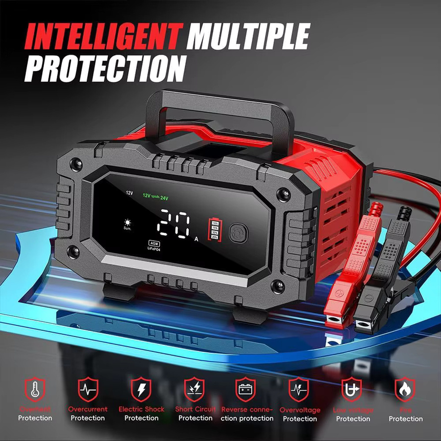 Podofo Vollautomatisches Smart-Batterieladegerät 12V 24V mit 7-Stufen-Ladung und Pulsreparatur für Auto, Motorrad, LKW und Wohnmobil - Bild 5
