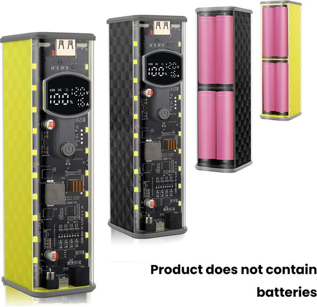 diymore Powerbank DIY Akkubox für 18650 Akkus mit 65W PD Schnellladung, einstellbare DC-Spannung und Display in Gelb - Bild 1