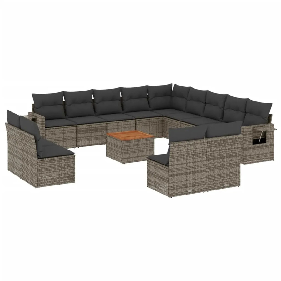vidaXL 14-teilige Garten-Sofagarnitur in L-Form aus Polyrattan mit Kissen in Grau - Bild 2
