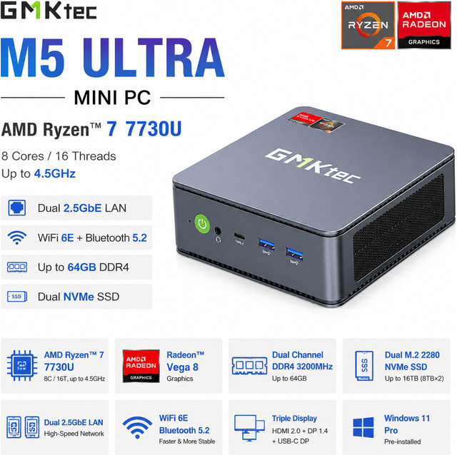 GMKtec M5 Ultra Mini-PC mit AMD Ryzen 7 7730U, 8C/16T, NVMe SSD, WiFi 6 und Windows 11 Pro in Schwarz - Bild 1