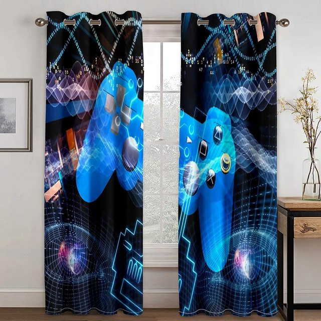 Yiran Furniture Vorhangset mit Gamepad-Motiv in Blau, 2er-Set, halbtransparent, Polyester - Bild 1