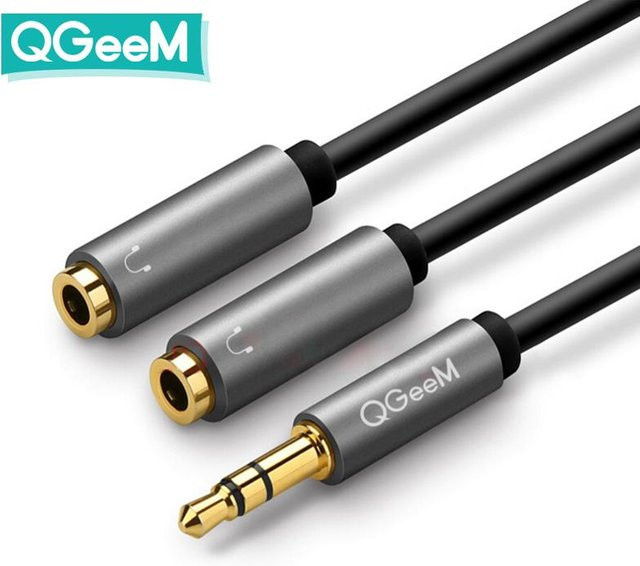 QGeeM Kopfhörer-Verlängerungskabel 3,5 mm Klinke auf 2 Buchsen Aux-Audiokabel Schwarz, Länge: 20 cm - Bild 1