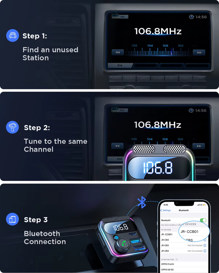 Joyroom Bluetooth 6.0 FM-Transmitter mit PD 45W und QC3.0 Schnellladegerät als Auto-Adapter in Schwarz - Bild 5