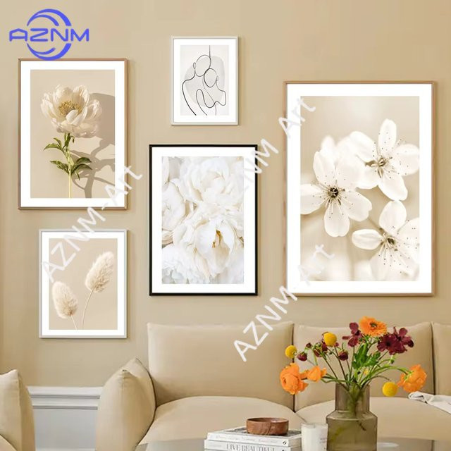 AZNM Leinwandgemälde mit Pfingstrosen und Rosen in Beige, Modernes Floral Wandbild für deine Wohnzimmer Dekoration - Bild 1