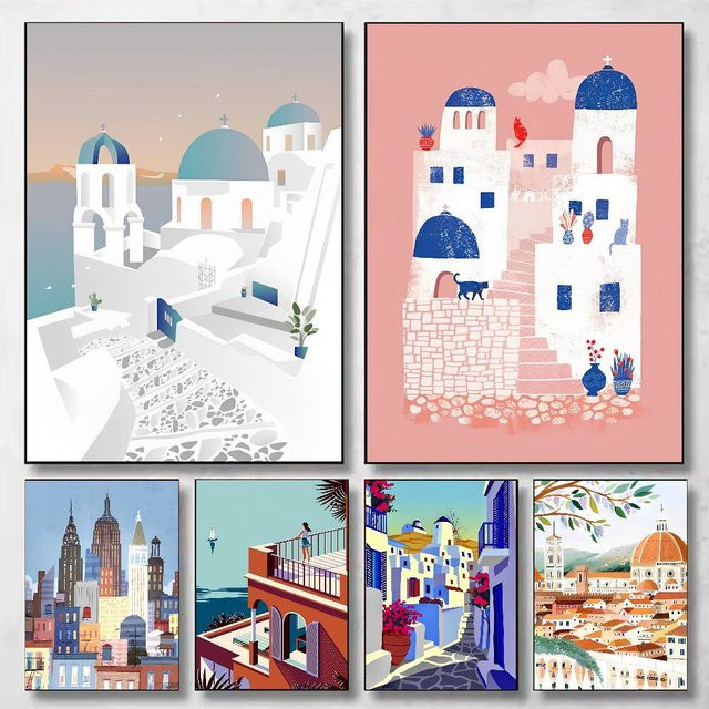 Sommer Santorini Griechenland Reiseposter von Potdemiel als ungerahmtes Wandbild für dein Wohnzimmer, Schlafzimmer oder Büro in Mehrfarben - Bild 1