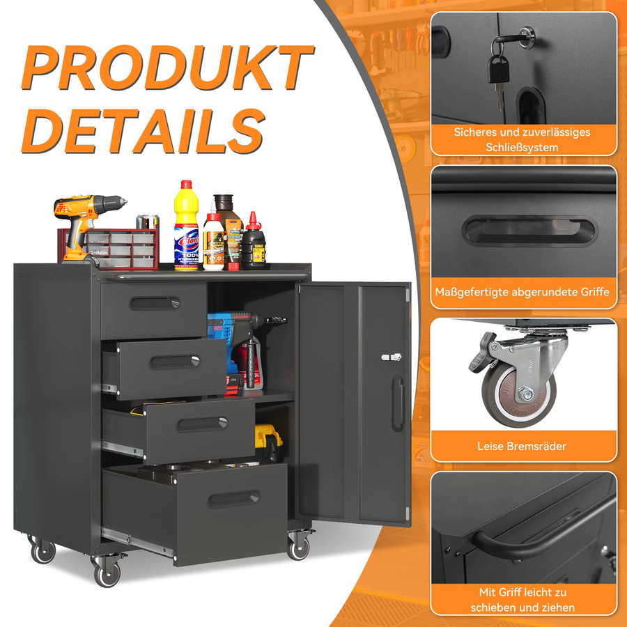 Robuster Werkzeugschrank aus Metall mit Rollen in Schwarz/Grau, B/T/H: 75 x 42 x 88 cm - Bild 5