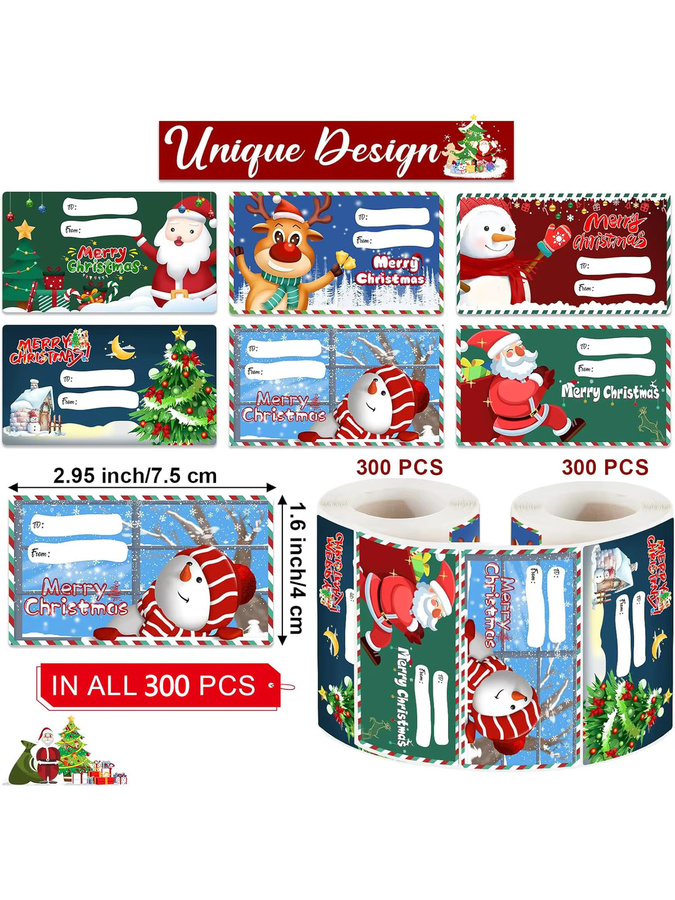 300 Stück selbstklebende Weihnachtsgeschenkanhänger mit Rollennamen und Aufklebern in Multicolour zur Dekoration von Geschenkverpackungen mit Weihnachtsmann, Rentier und Schneemann - Bild 5
