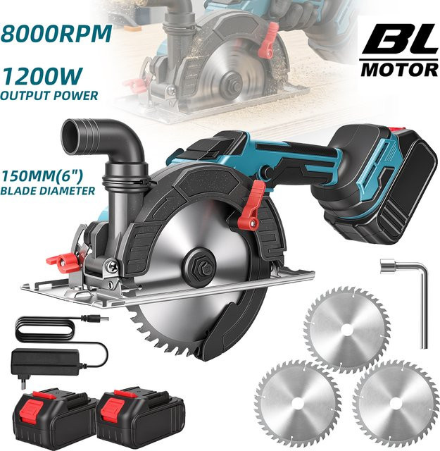Betuyoo Akku-Kreissäge 150mm mit bürstenlosem Motor, 1200W, 8000 U/min, blau, inklusive 1500-mAh-Akku-Kit mit Staubabsauganschluss und Fasenschneider 0-45° - Bild 1