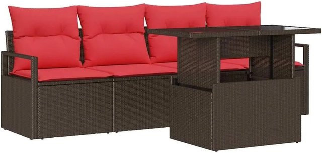 vidaXL Gartensofa-Set 5-teilig aus Poly-Rattan in Braun und Rot mit integriertem Stauraum und Polsterkissen - Bild 1