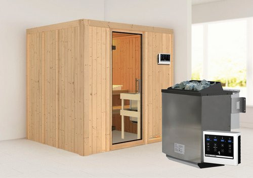 Karibu Sauna Rakvere Bio-Kombi-Sauna für 3 Personen mit 9 kW Bio-Kombi-Saunaofen und externer Steuerung, beige - Bild 1