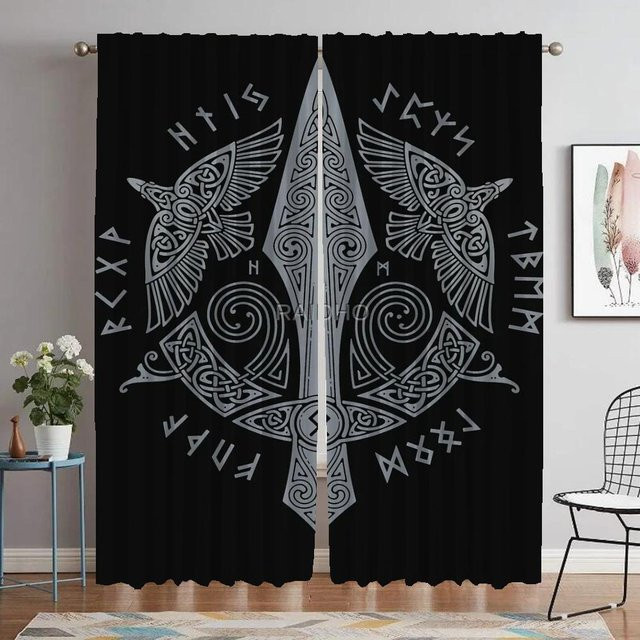 Yiran Furniture Wikinger Odins Raben Muninn Vorhänge aus Tüll, 2 Stück, Schwarz, Breite: 60 cm, Höhe: 90 cm - Bild 1