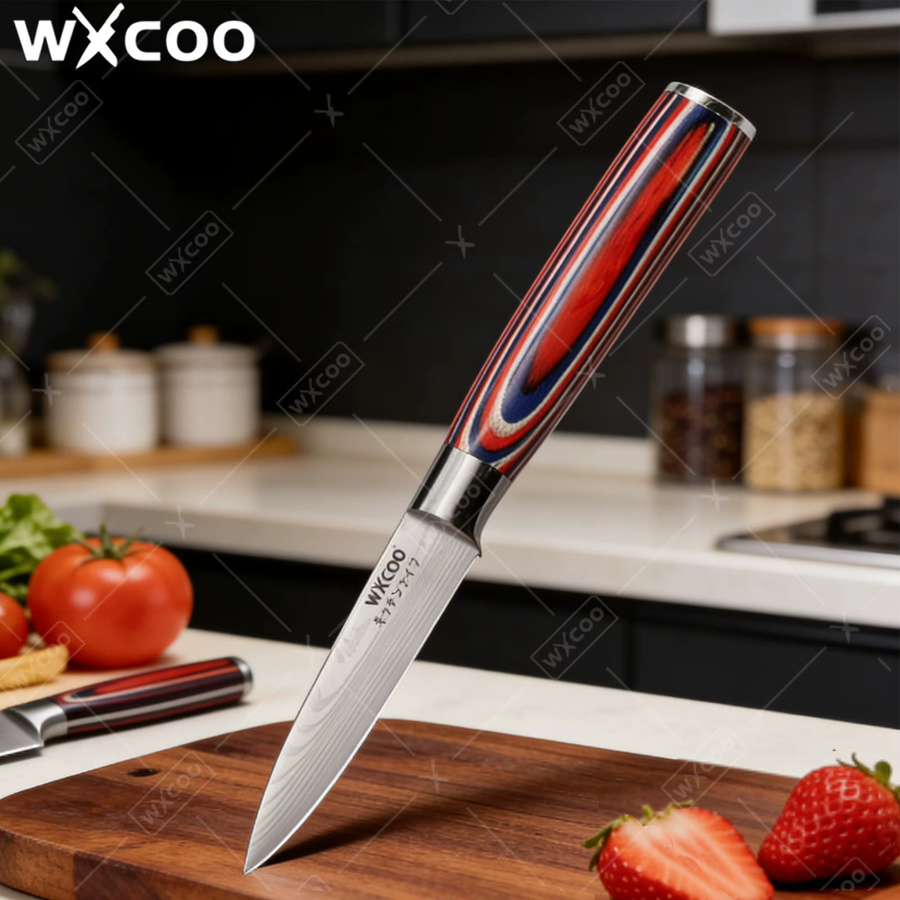 WXCOO Schälmesser mit Holzgriff und Damast-Lasermuster, 3,5 Zoll Obstschälermesser für Obst und Gemüse, Mehrfarbig - Bild 4
