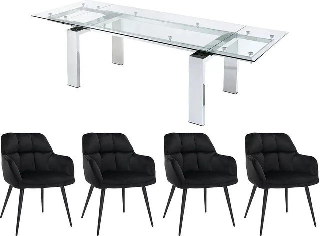 Vente-unique Essgruppe Lubana in Transparent und Silber mit gehärteter Glasplatte und Samtstühlen, ausziehbar, B/T/H: 270 x 180 cm - Bild 1