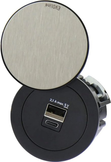 EVOline One USB-Ladegerät 2-fach Typ A und C mit Drehdeckel in Schwarz und Silber Edelstahl - Bild 1
