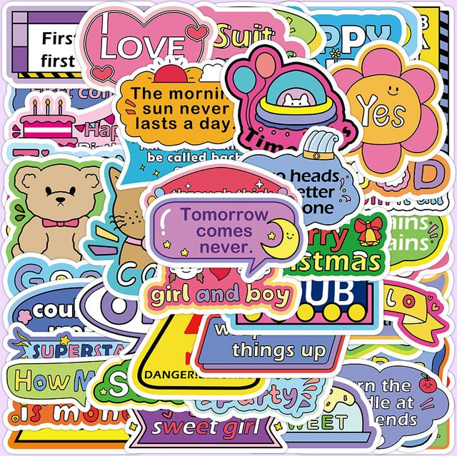 60-teiliges Set englische Kurzsatz-Aufkleber in Multicolor von Anime Worlds Store zur Dekoration von Notizbüchern und Handyhüllen - Bild 1