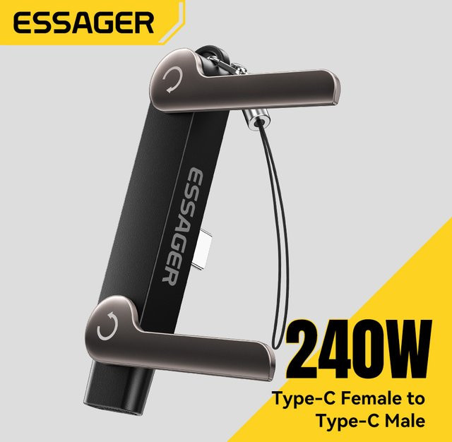 ESSAGER USB-C OTG-Adapter 240W Schnellladung Datenkonverter in Schwarz mit 90 Grad faltbarem Winkel für iPhone, MacBook Pro, Xiaomi und Samsung - Bild 1