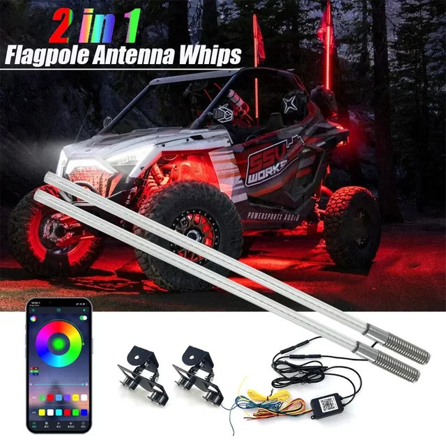 2er-Set QYJSD RGB LED Peitsche-Lichter mit App-Steuerung, Multicolour Lichteffekte für UTV, ATV, Offroad-Fahrzeuge und Lkw, Schwarz - Bild 1