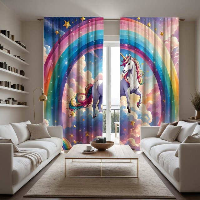 2er-Set dekorative Vorhänge mit HD Cartoon Regenbogen Einhorn Motiv in Blau und Multicolour, B: 132 cm, H: 160 cm - Bild 1