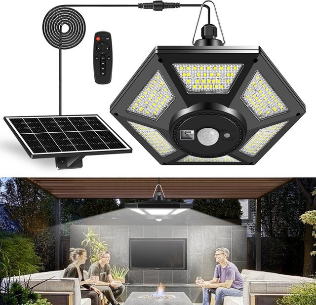 AMARYLLIS Solar-Pendelleuchte mit 180 LED, Schwarz, mit Fernbedienung und Bewegungssensor für Garten und Terrasse - Bild 1