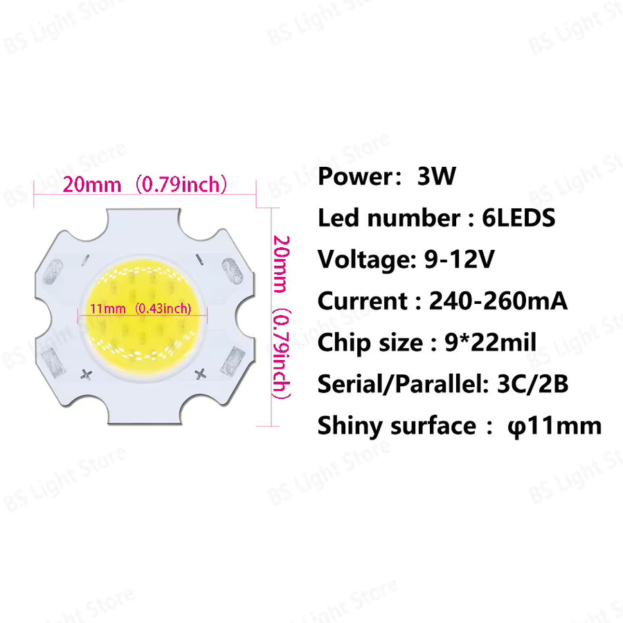 10 Stück Hochleistungs LED COB Chips für Strahler und Downlights, Farbe Weiß, erhältlich in 3W, 5W, 7W oder 10W mit 11mm oder 20mm Durchmesser - Bild 2