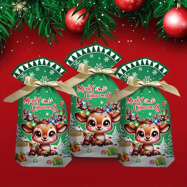 50 Stück Weihnachtliche Kordelzug-Geschenktüten aus PEVA in Grün mit Rentier-, Weihnachtsmann- und Schneemann-Designs - Bild 1