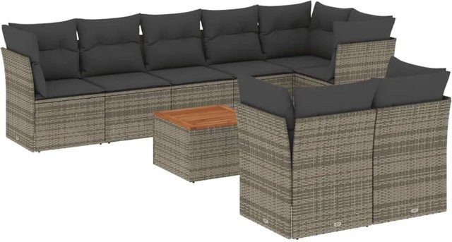 vidaXL 9-tlg Garten-Sofagarnitur aus Poly Rattan und Akazienholz in Grau mit Kissen - Bild 1