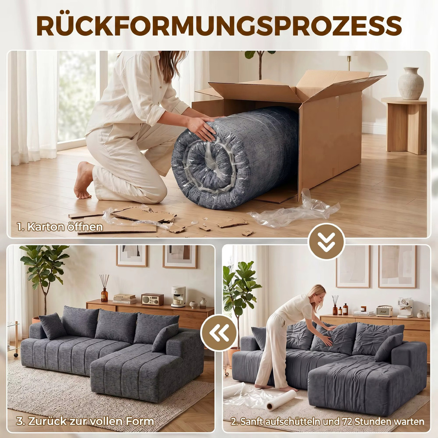 HOMCOM Ecksofa L-Form in Grau mit Schlaffunktion und Kissen, modularer 3-Sitzer in Chenille-Optik, Breite: 256 cm - Bild 6