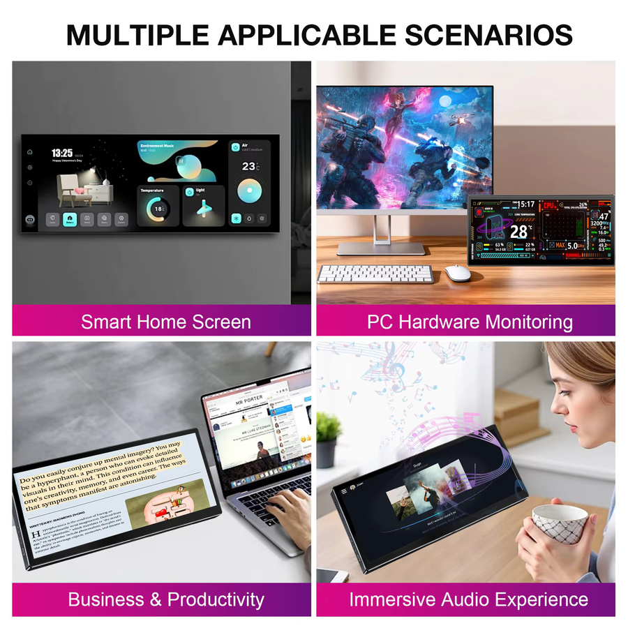 Unew 12,3 Zoll Touchscreen-Monitor mit 1920x720 Auflösung, 60Hz, HDMI und USB-C, Schwarz, VESA-Halterung 75 x 75 mm - Bild 5