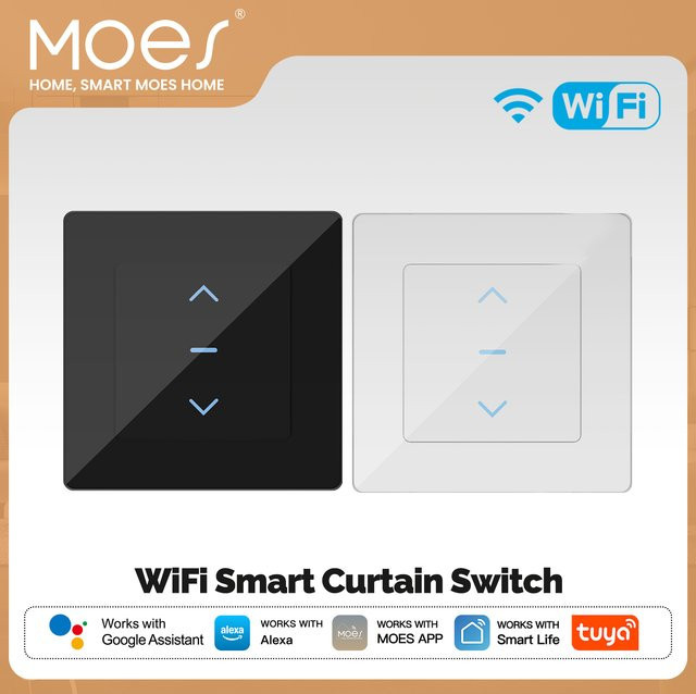 MOES WiFi Smart Vorhangschalter mit Touch-Design für motorisierte Vorhänge und Rollos, Schwarz, kompatibel mit Tuya Smart Life App, Alexa und Google - Bild 1