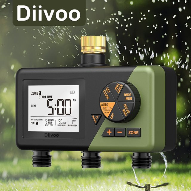 Diivoo Garten-Bewässerungstimer mit 3 Zonen und Messinganschlüssen, programmierbarer automatischer Bewässerungstimer mit Regenverzögerung sowie manuellem und automatischem Modus für deinen Rasen - Bild 1