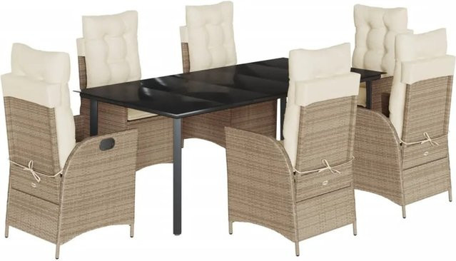 vidaXL 7-teilige Garten-Essgruppe aus Poly Rattan in Beige mit Kissen und Glastisch - Bild 1