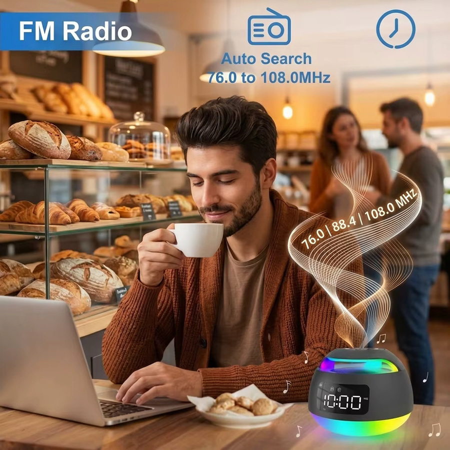 Niditon Bluetooth-Lautsprecher Wecker mit FM-Radio, farbigem Nachtlicht, USB- und TF-Karten-Wiedergabe sowie Zeit- und Wochenanzeige in Schwarz - Bild 2