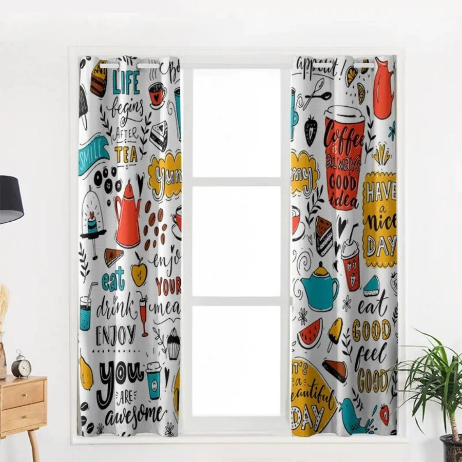 Yiran Furniture Dekorative Graffiti Vorhänge 2er-Set mit Ösen, Motiv Teetasse und Hot Dog, halbtransparent, Mehrfarbig, B: 50 cm, H: 130 cm - Bild 3
