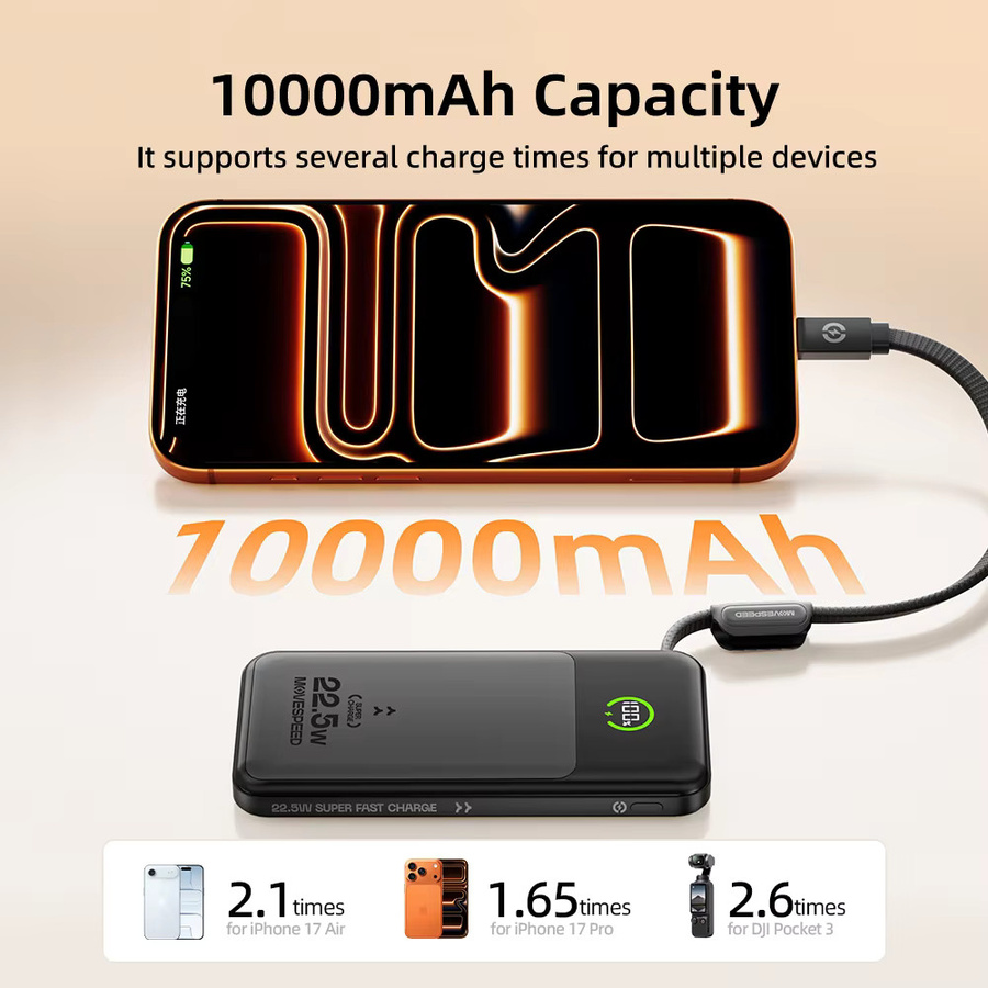 MOVESPEED Powerbank 10000 mAh mit 22,5 W Schnellladeleistung und Typ-C-Kabel, Schwarz - Bild 3