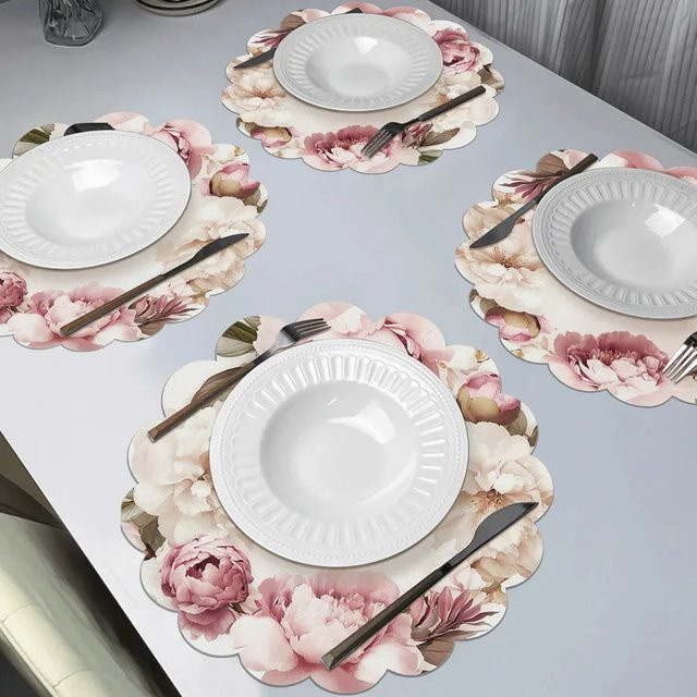 VIKAMA Vierteiliges Tischset mit Pfingstrosen-Blumendesign in Pink, wasserdicht und pflegeleicht - Bild 1
